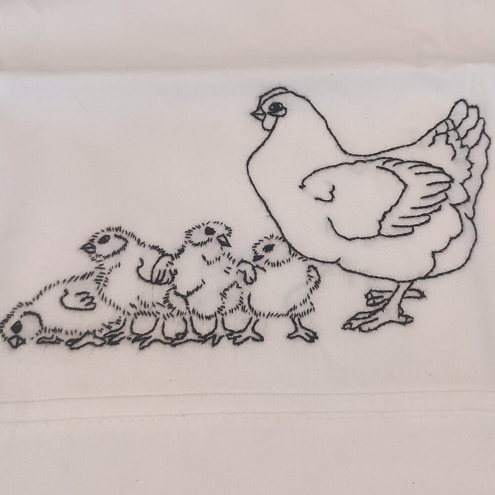 New Hand Embroidered "Mother Chicken & her Peeps" Standard Pillowcase, Qty 2